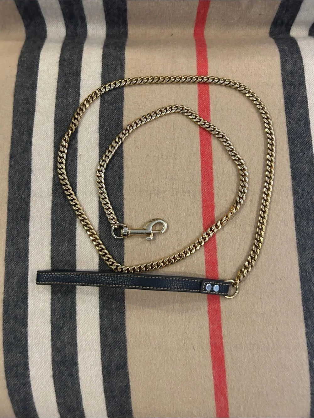 Gold Plated Cuban Chain Dog Leash With Black Leather Handle NWOT